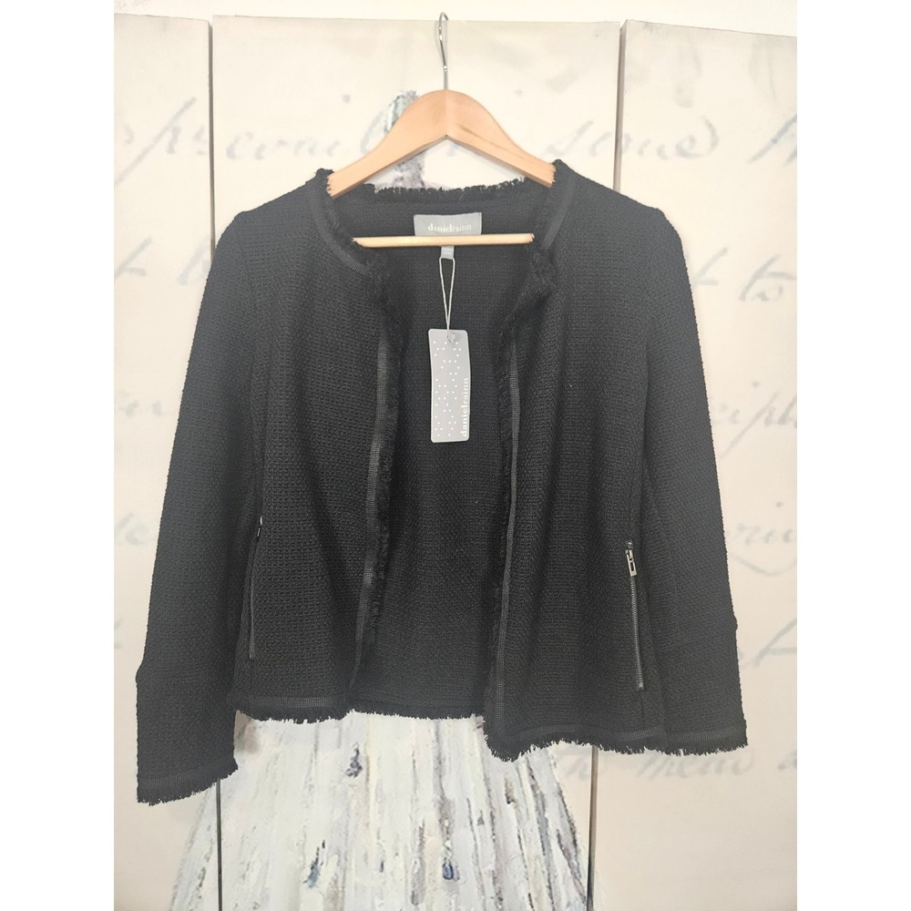 NWT Daniel Rainn Womens Black Tweed Frayed Trim‎ Open Front Jacket Blazer XS